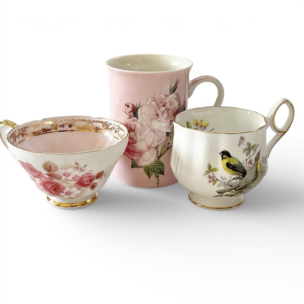 Vintage Cups Mug Lot Of 3 Bone China Porcelain Birds Floral Retro Collectible